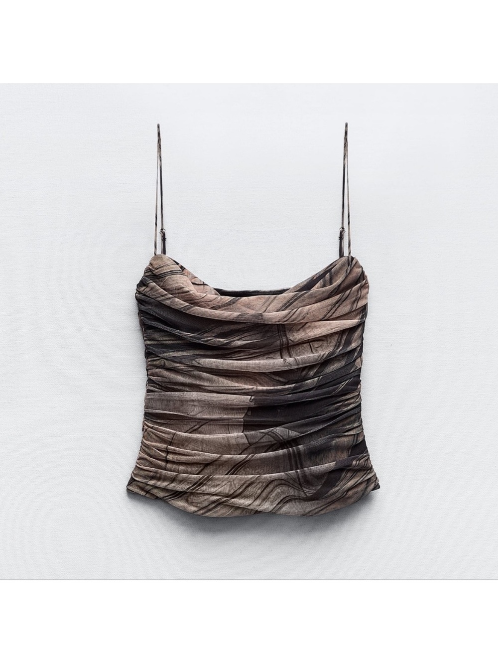 Zara Brown Marble-Print Spaghetti Strap Tulle Top